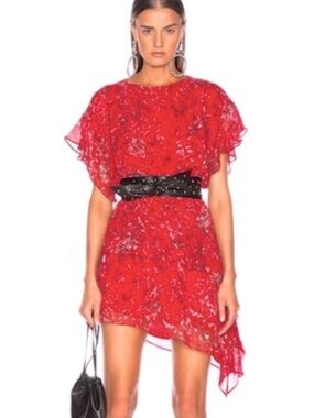 IRO Asymmetric Blame Red Printed Chiffon Flutter Sleeve Mini Dress Sz 36 US 4